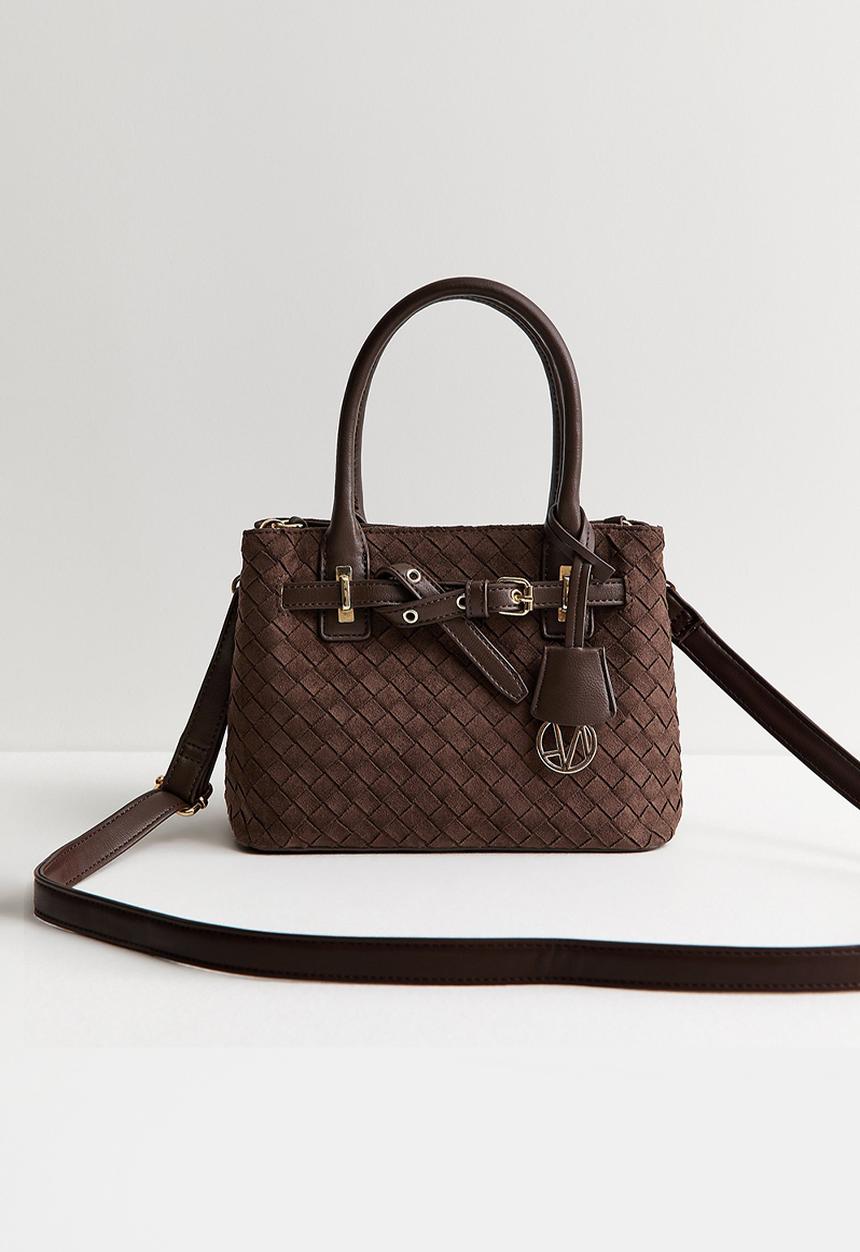 New Look - Faux Suede Weave Effect Mini Crossbody Bag - Dark Brown