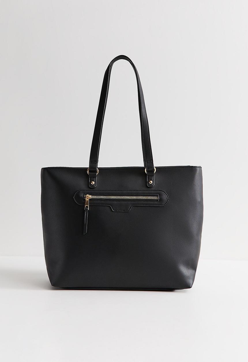 New Look - Faux Leather Front Zip Pocket Tote Bag - Black