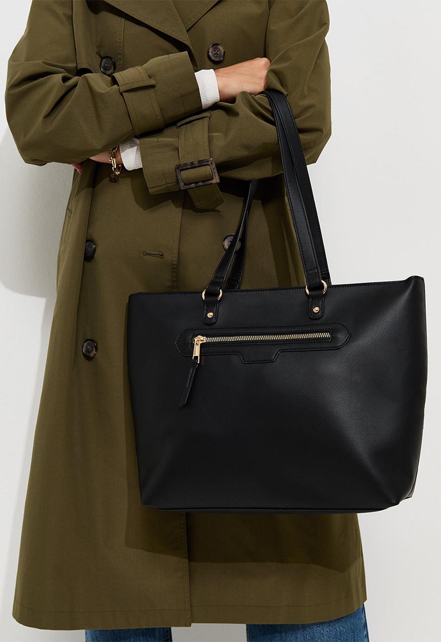 New Look - Faux Leather Front Zip Pocket Tote Bag - Black