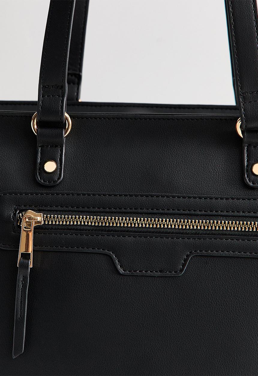 New Look - Faux Leather Front Zip Pocket Tote Bag - Black
