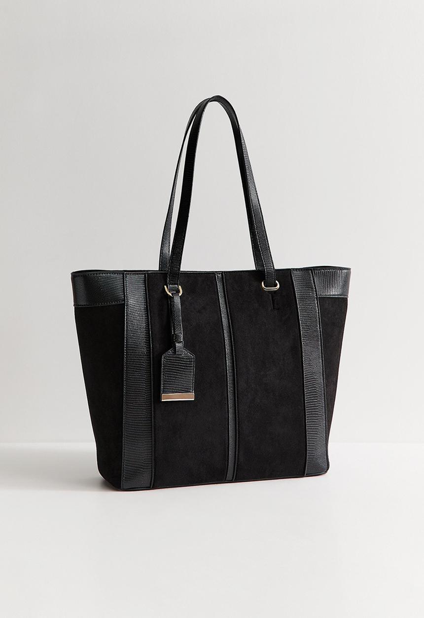 New Look - Faux Suede Textured Panel Tote Bag - Black