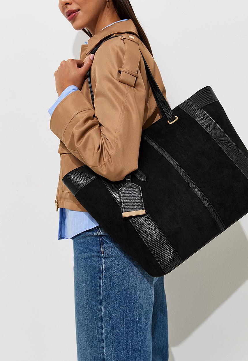 New Look - Faux Suede Textured Panel Tote Bag - Black