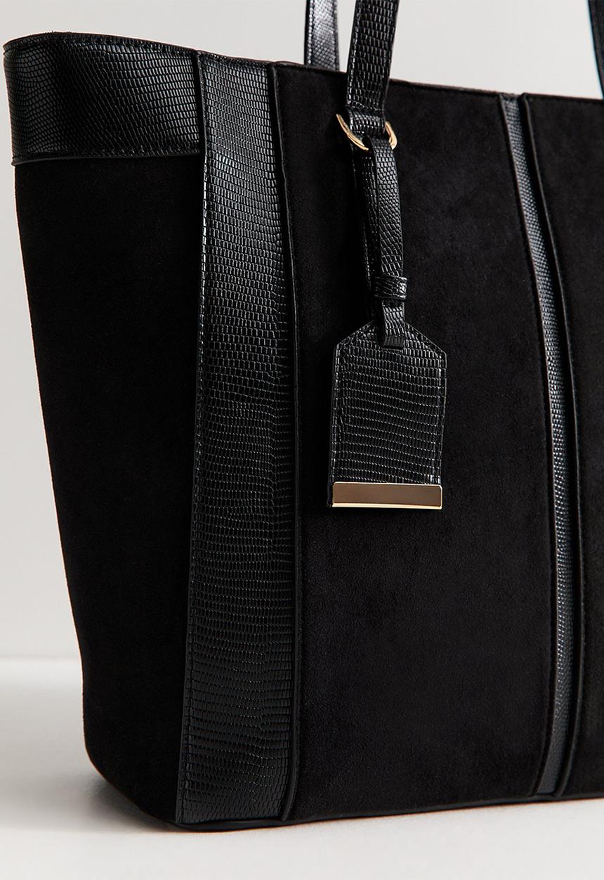 New Look - Faux Suede Textured Panel Tote Bag - Black