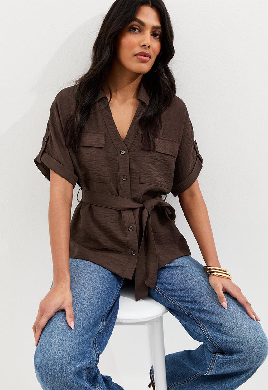 New Look - K utility belted plain shirt - brown