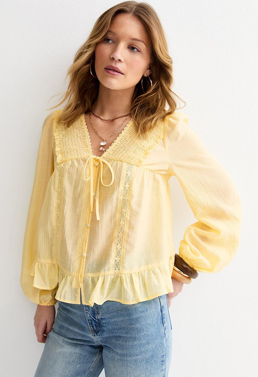 New Look - Lillian lace button long sleeve blouse - yellow