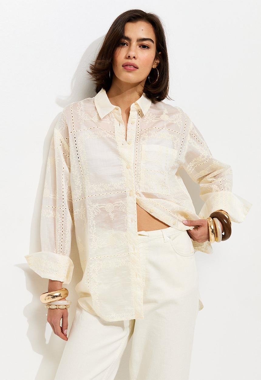 New Look - Polly emb patchwork shirt - cream