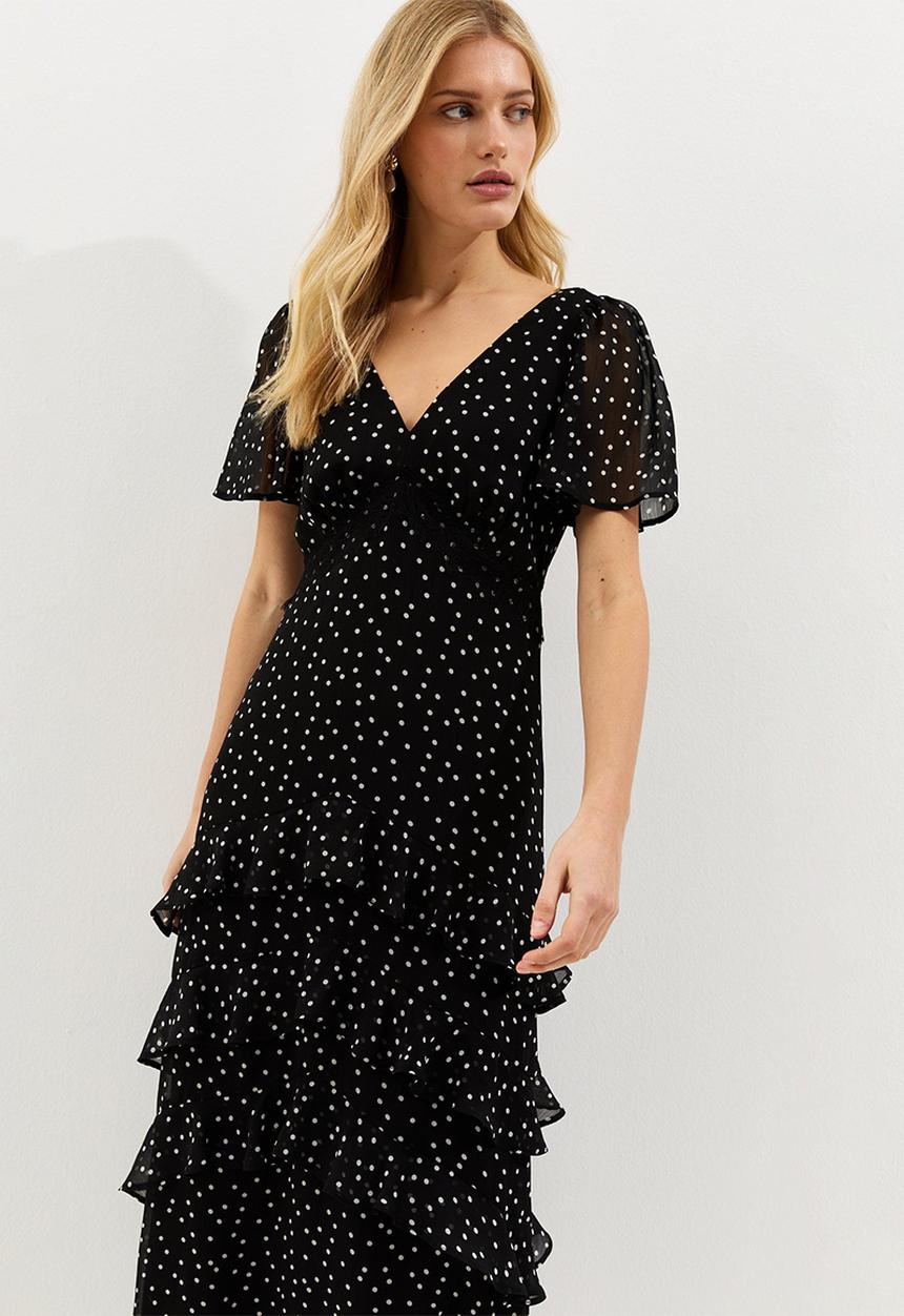 New Look - Spot chiff tier tea maxi - black