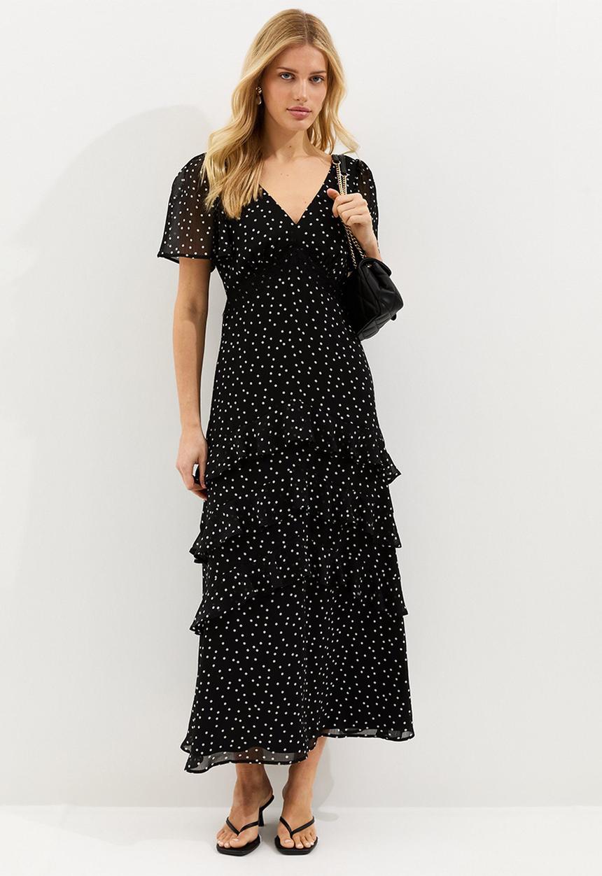 New Look - Spot chiff tier tea maxi - black