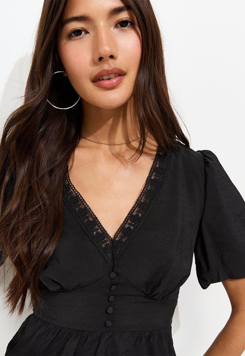New Look - K tayla lace button tea top - black