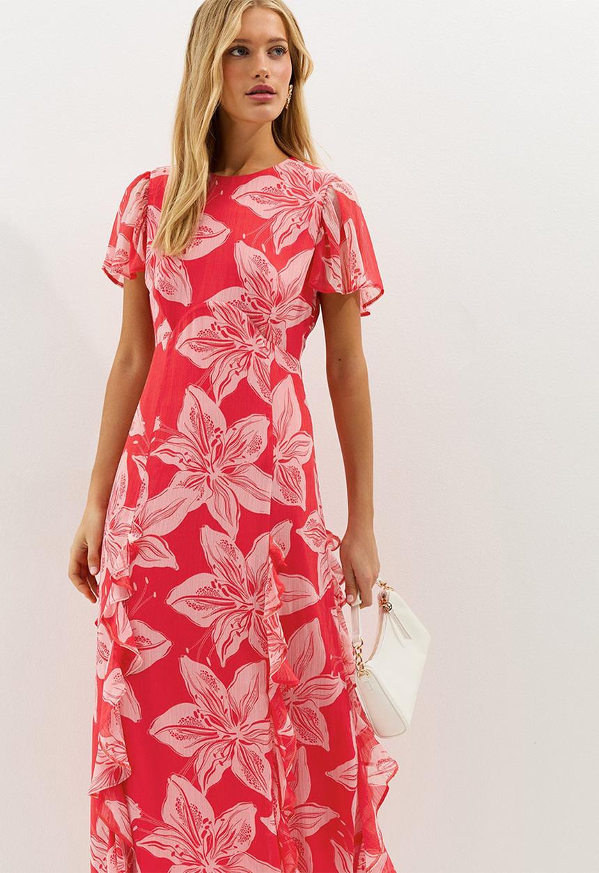 New Look - Orchid godet chiffon midi dress - red & pink