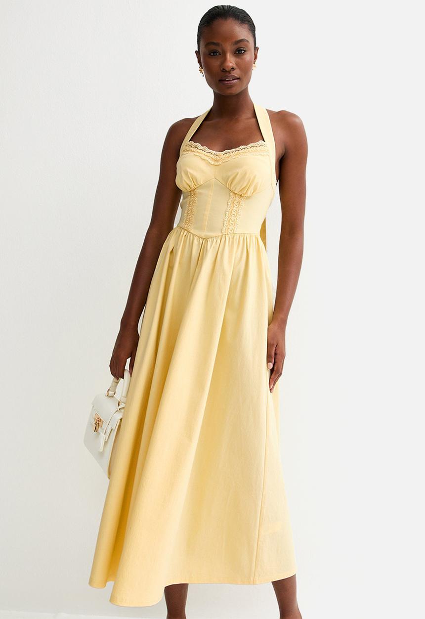 New Look - Plain embroidery halter midi dress - pale yellow