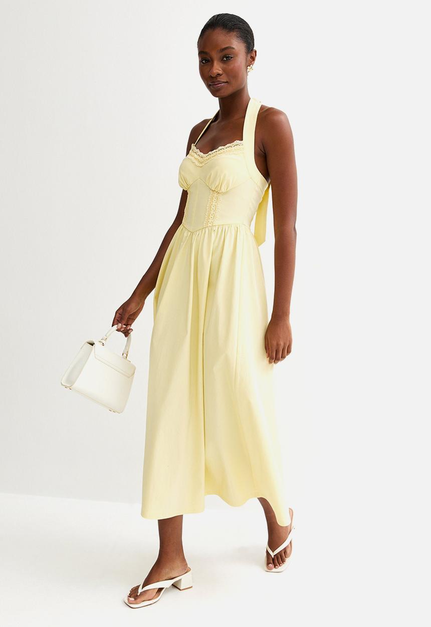 New Look - Plain embroidery halter midi dress - pale yellow