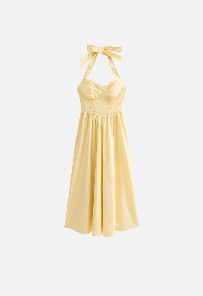 New Look - Plain embroidery halter midi dress - pale yellow