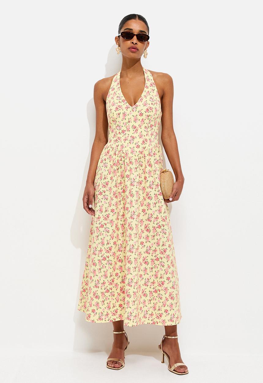 New Look - Ex ditsy floral halter midi dress - yellow
