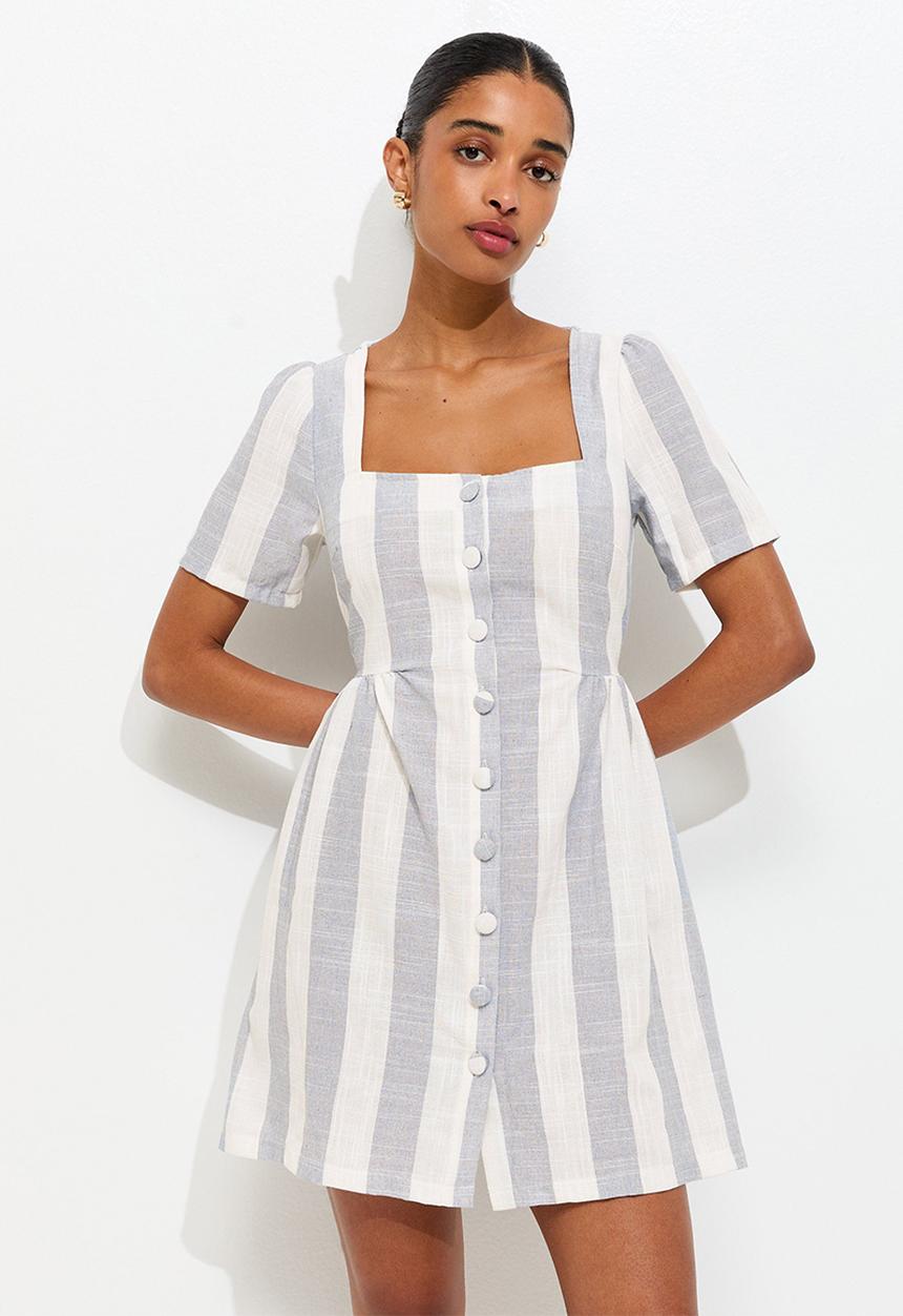 New Look - Sailor stripe button up mini dress - cream & blue