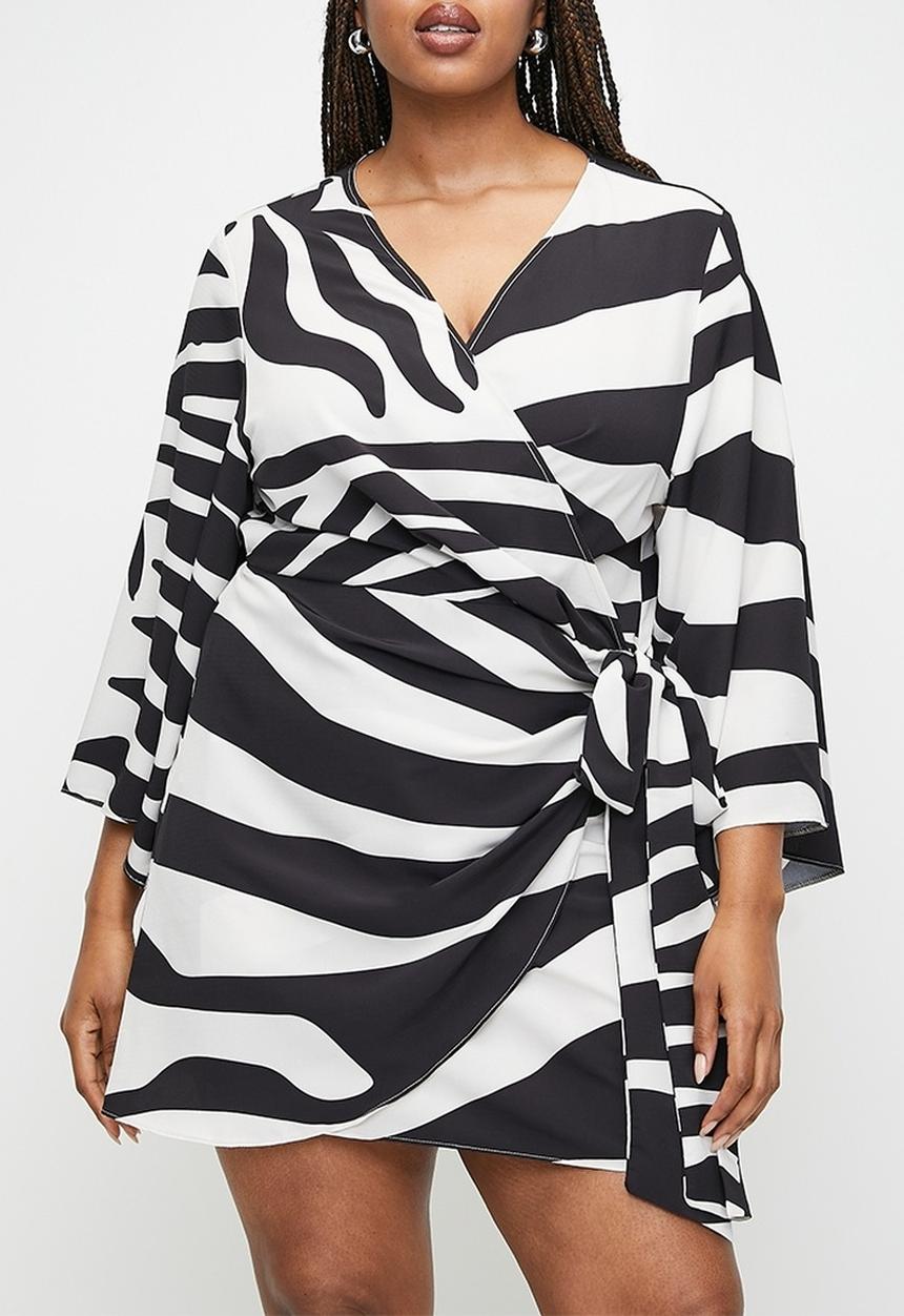 VELVET - Plus exaggerated sleeve mini wrap dress - graded zebra