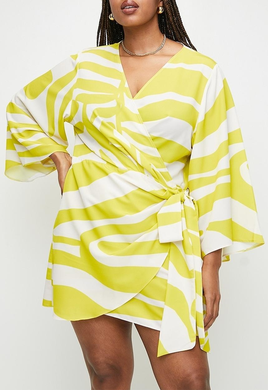 VELVET - Plus exaggerated sleeve mini wrap dress - yellow graded zebra.