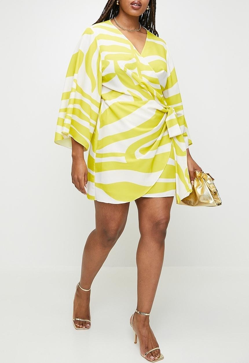 VELVET - Plus exaggerated sleeve mini wrap dress - yellow graded zebra.