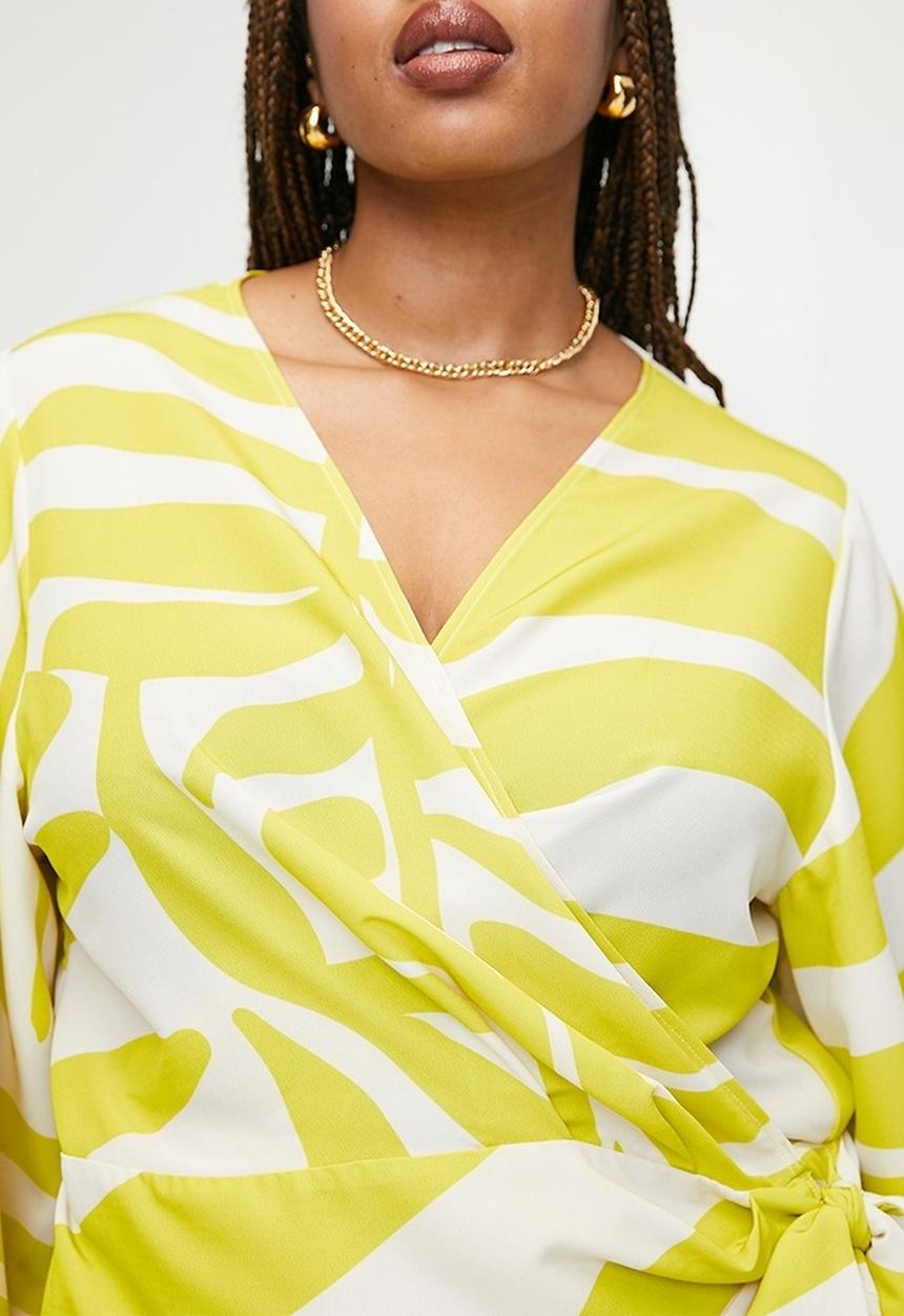 VELVET - Plus exaggerated sleeve mini wrap dress - yellow graded zebra.
