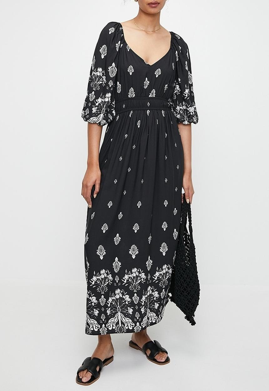 MILLA - Balloon sleeve empire midi dress - black dandelion double border
