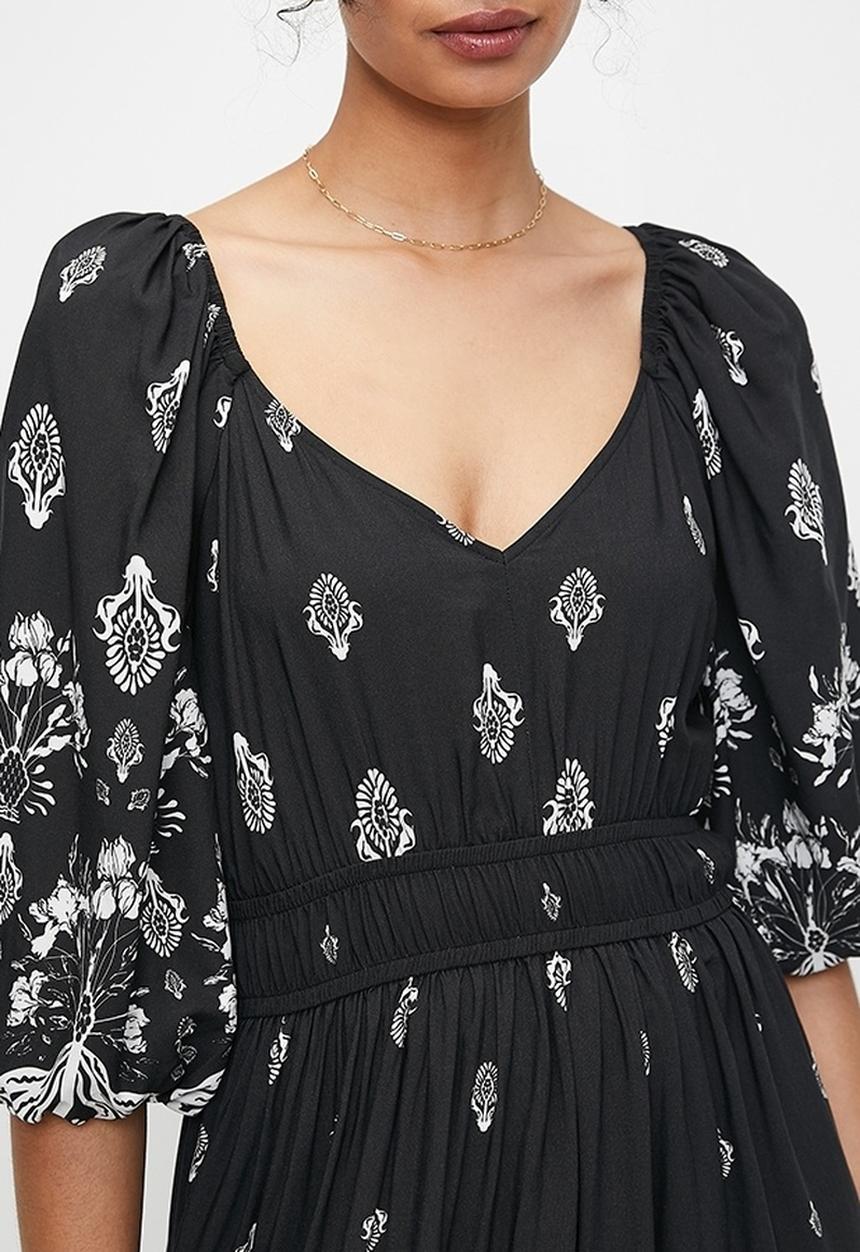 MILLA - Balloon sleeve empire midi dress - black dandelion double border