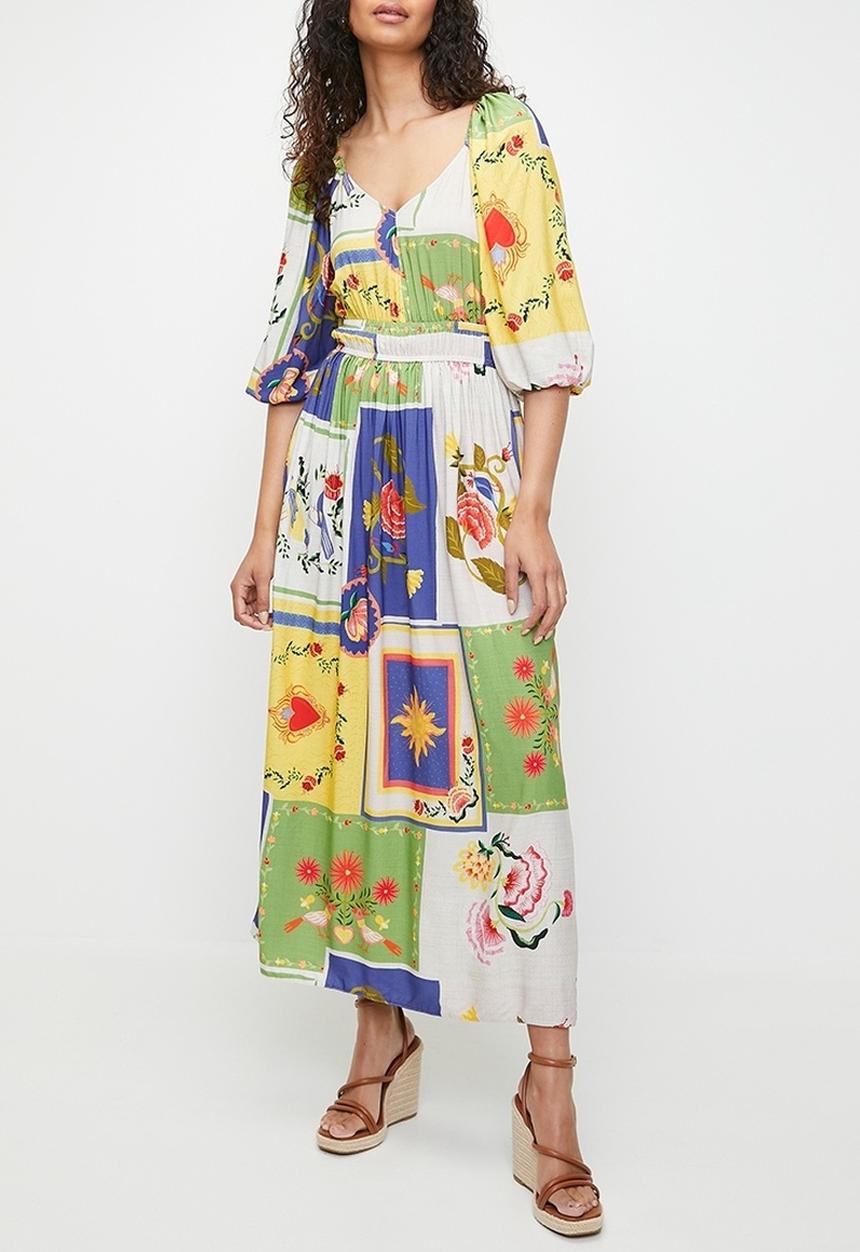 MILLA - Balloon sleeve empire midi dress - mystical roses patchwork aop