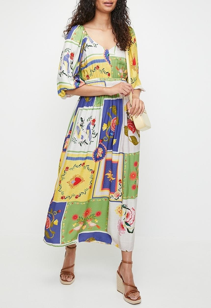 MILLA - Balloon sleeve empire midi dress - mystical roses patchwork aop