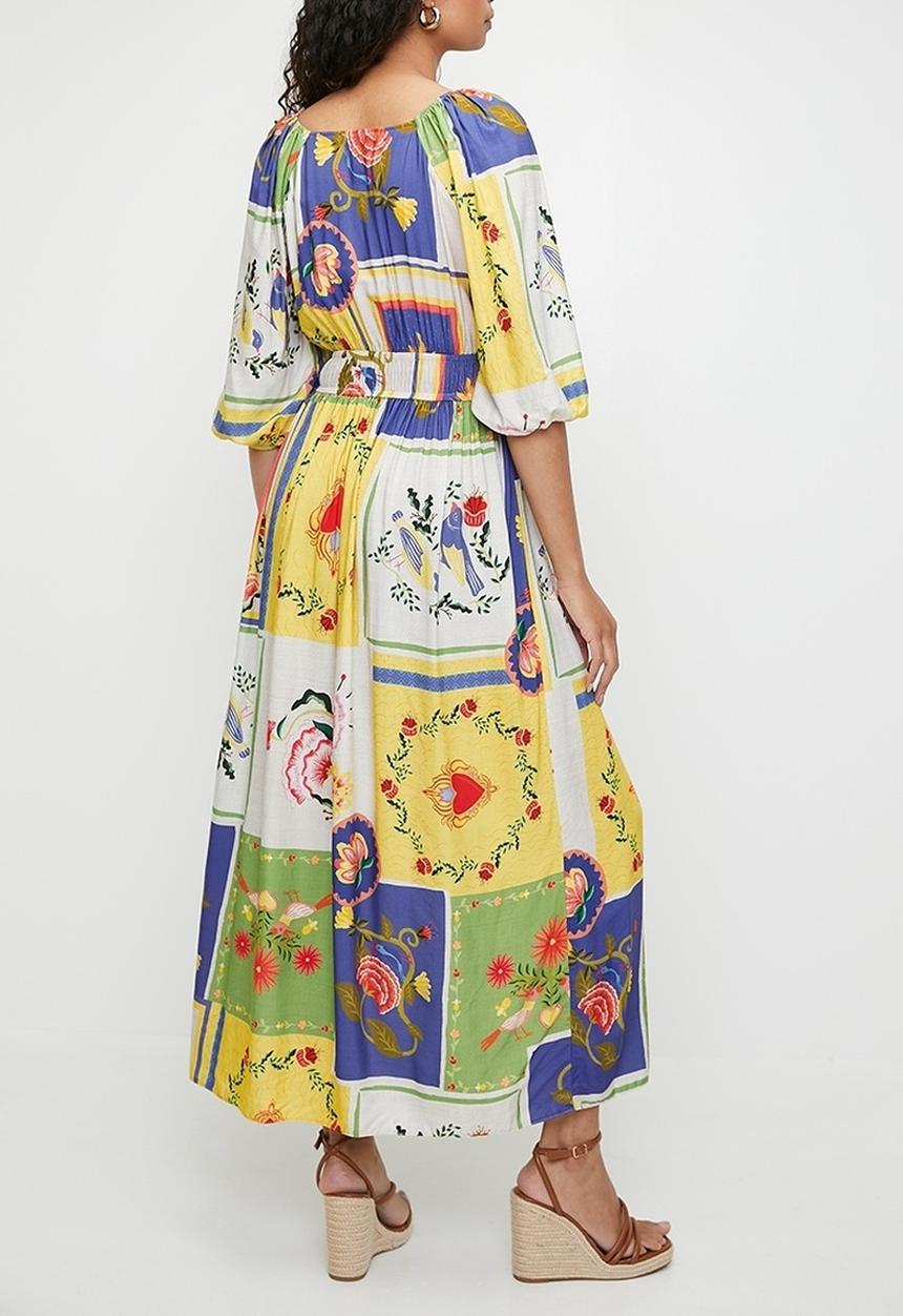 MILLA - Balloon sleeve empire midi dress - mystical roses patchwork aop