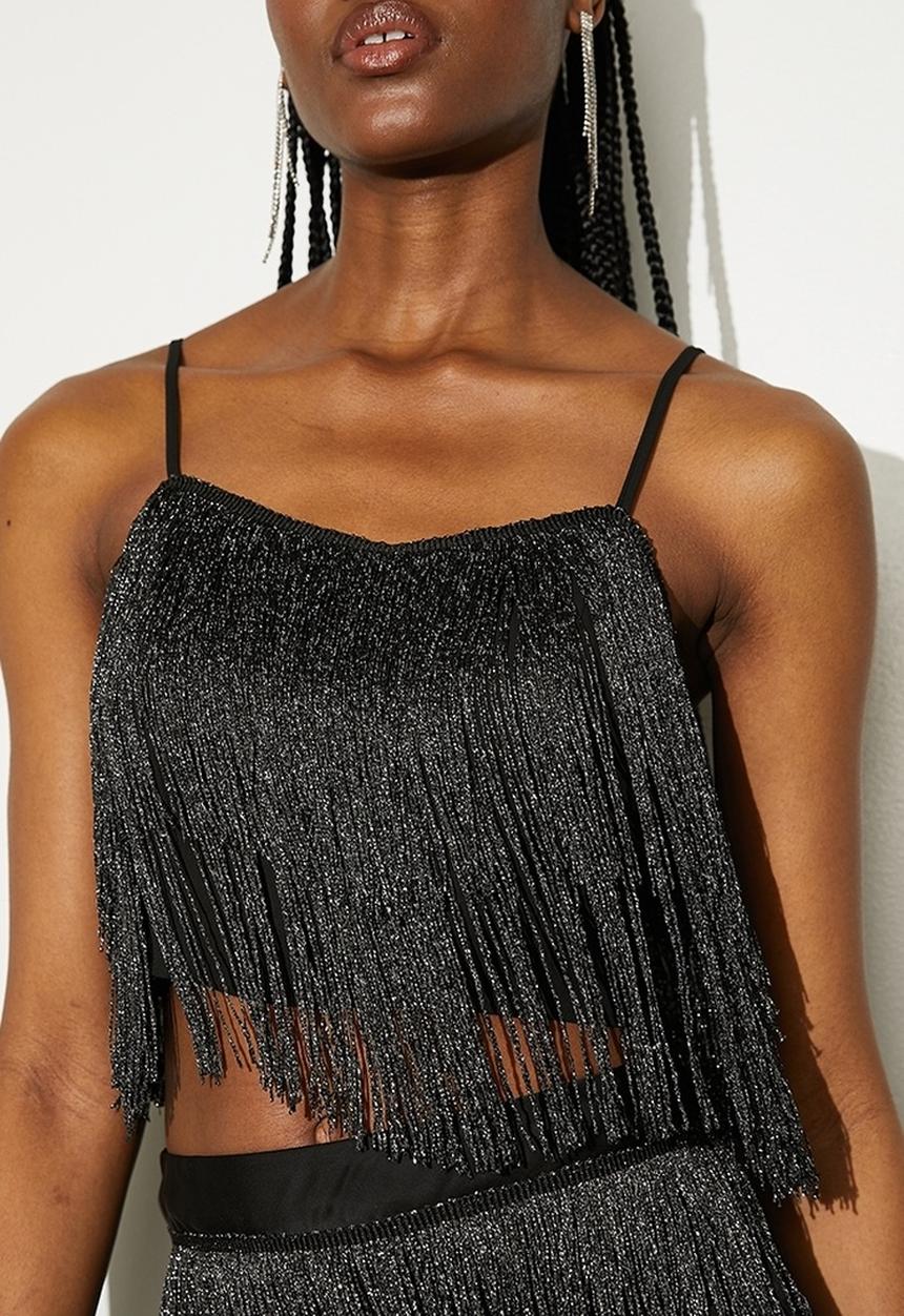 VELVET - Fringe crop shell - silver & black