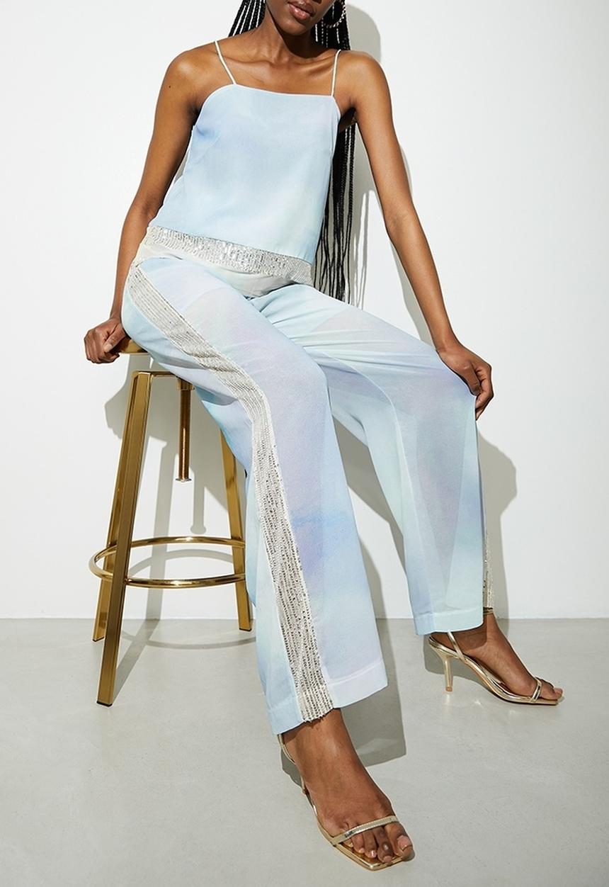 VELVET - Co-ord sequin side stripe wide leg - oceanic soft focus