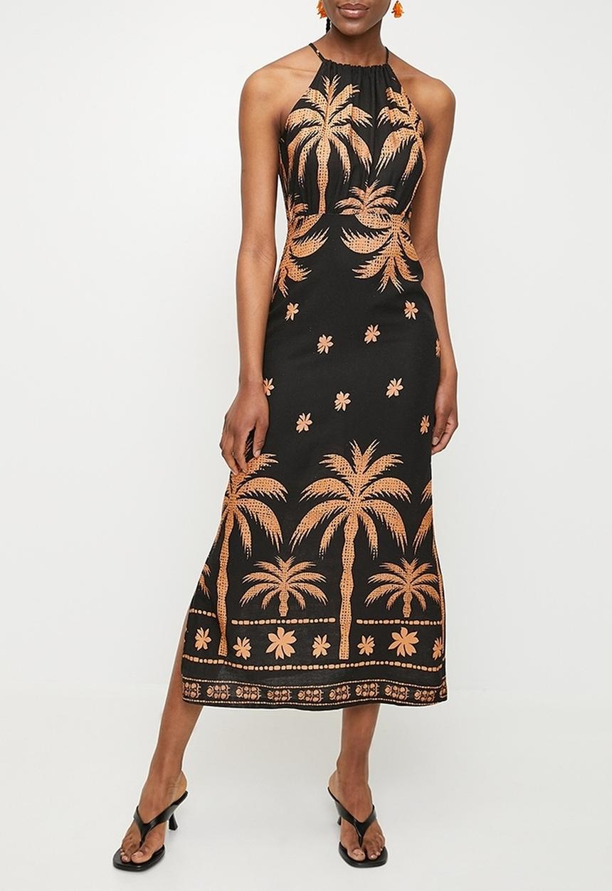 Superbalist - Linen look halter slip dress -  stualised palm dbl border