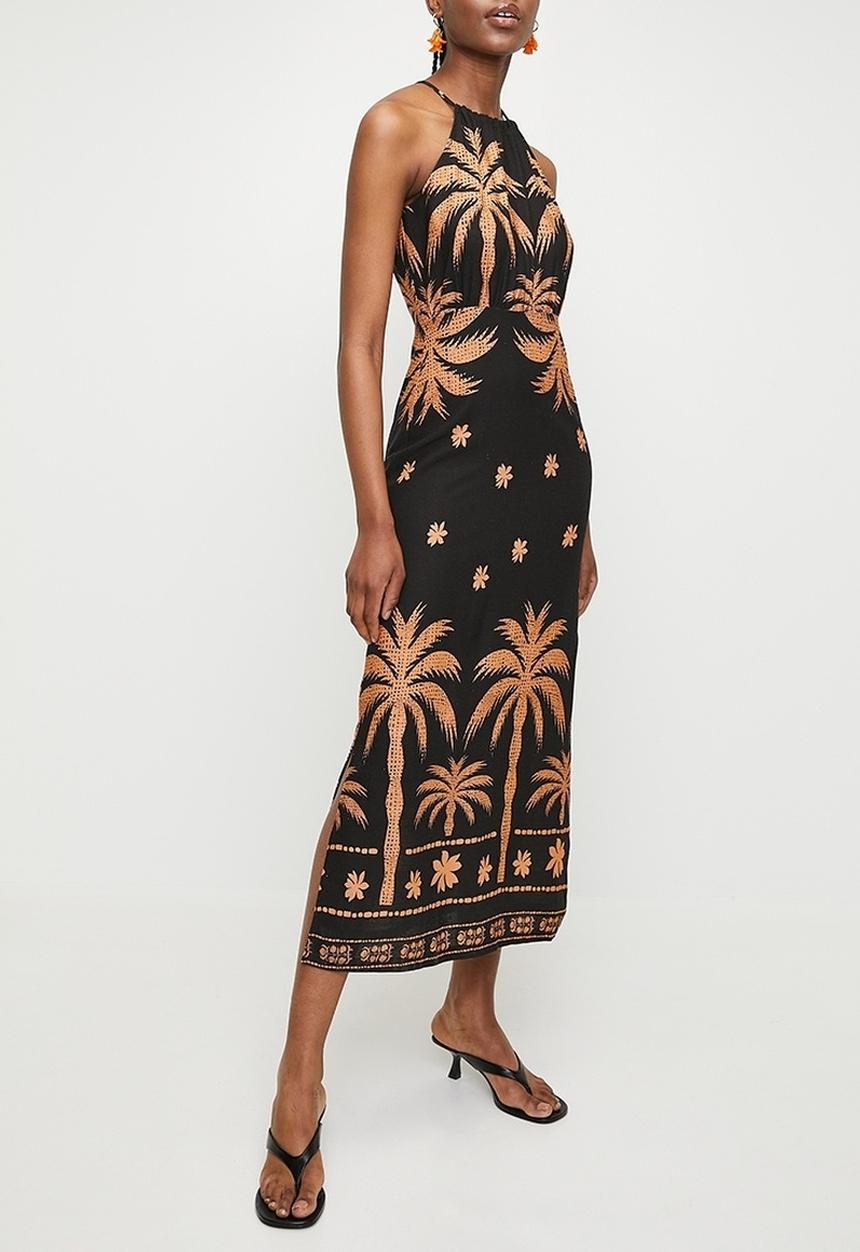 Superbalist - Linen look halter slip dress -  stualised palm dbl border