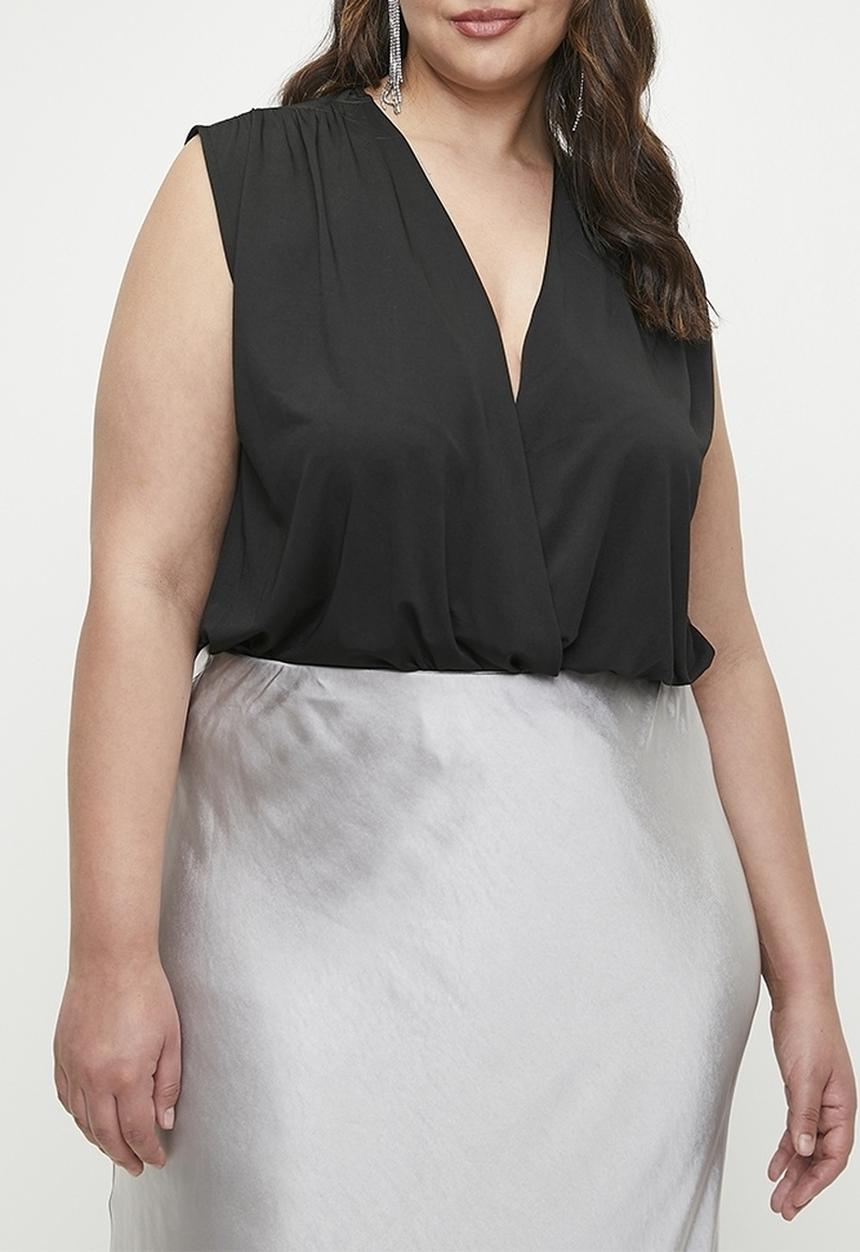 MILLA - V-neck wrap over combo bodysuit plus - black