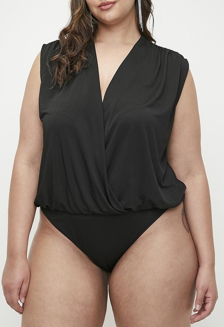 MILLA - V-neck wrap over combo bodysuit plus - black