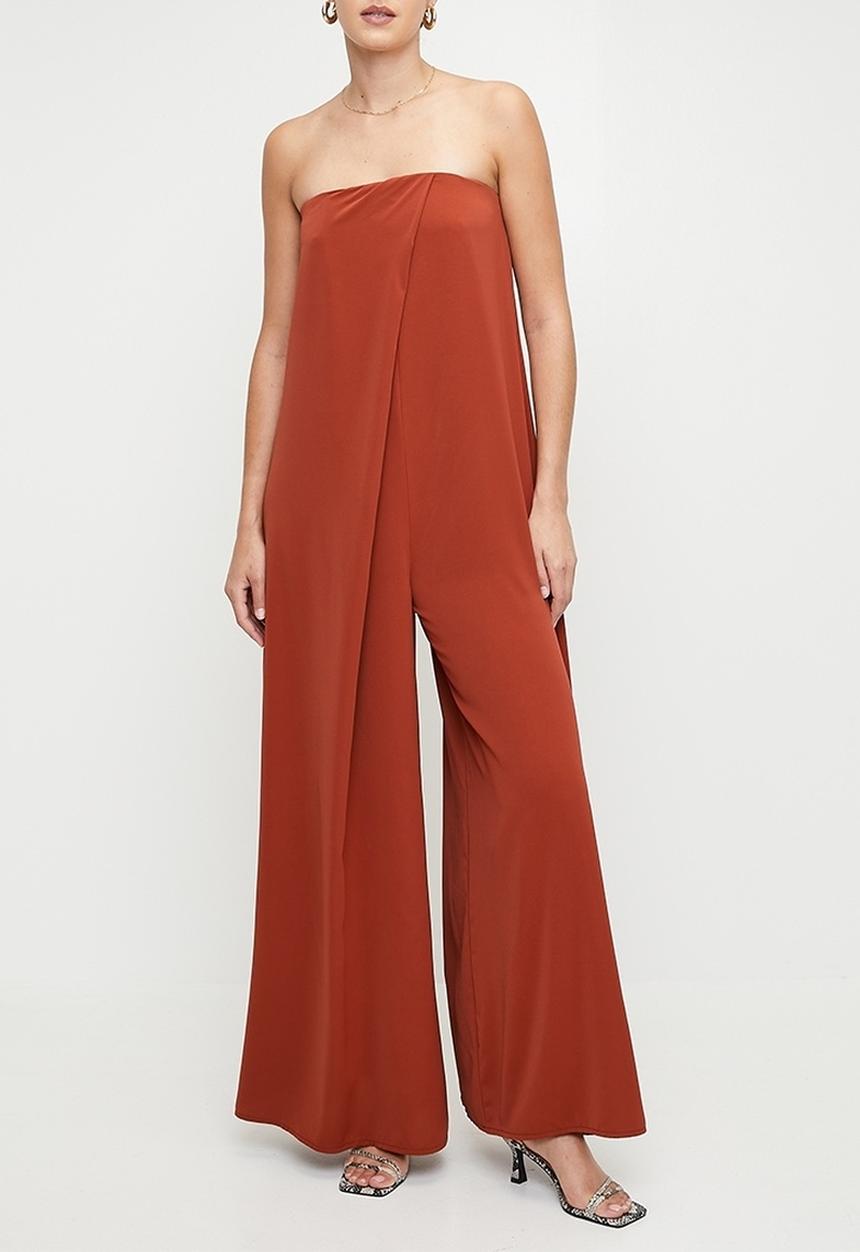 edit - Bandeau pleat detail wide leg jumpsuit - brown