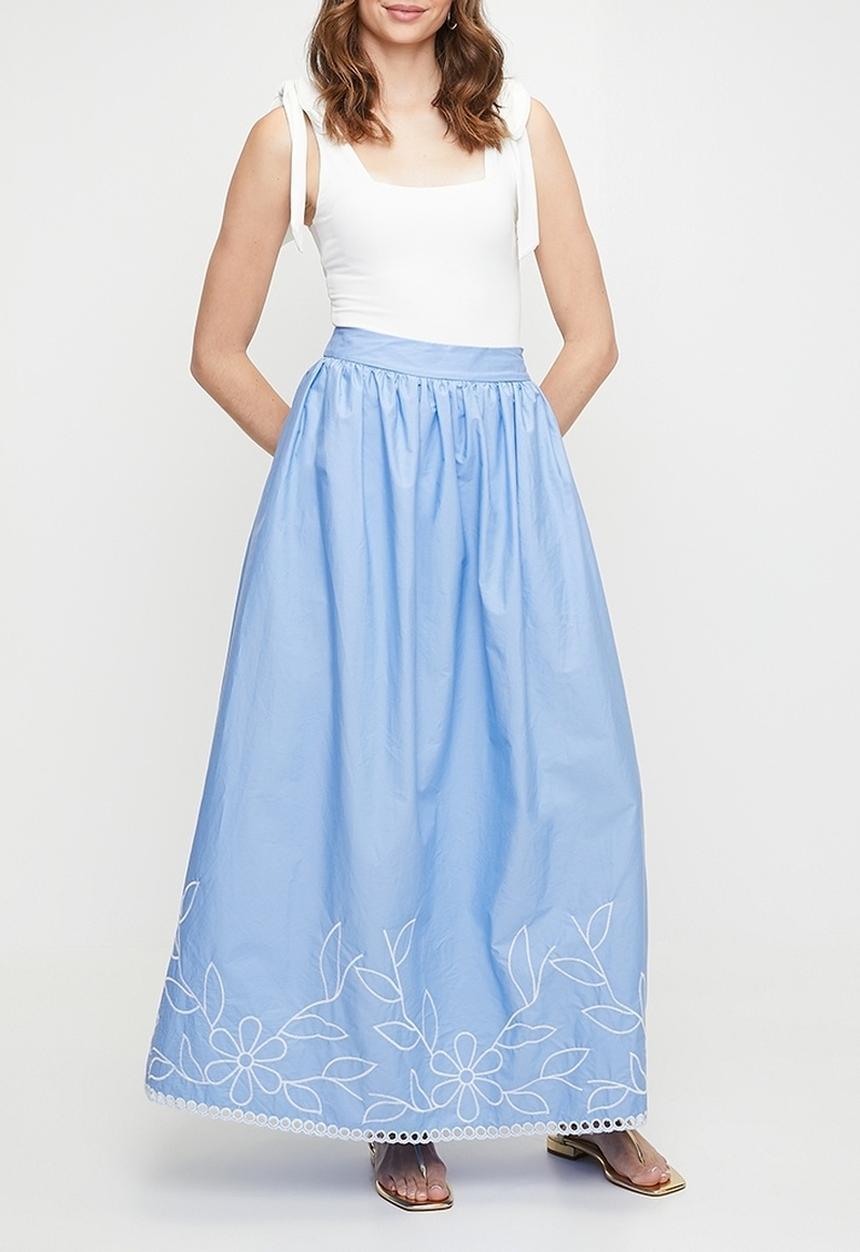 MILLA - Poplin skirt with embroidered hem - blue