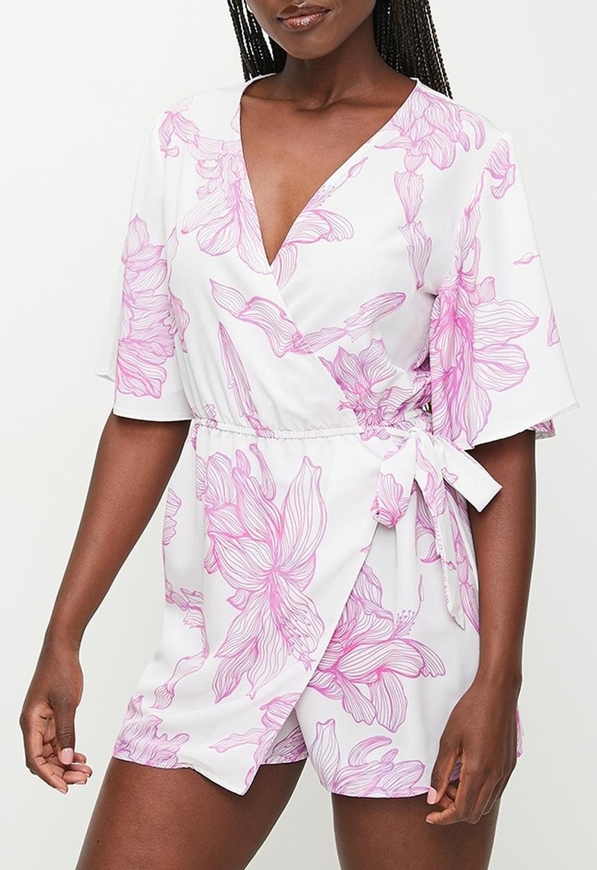 MILLA - Wrap Bodice with Skort Playsuit - Line Drawn Pink Floral