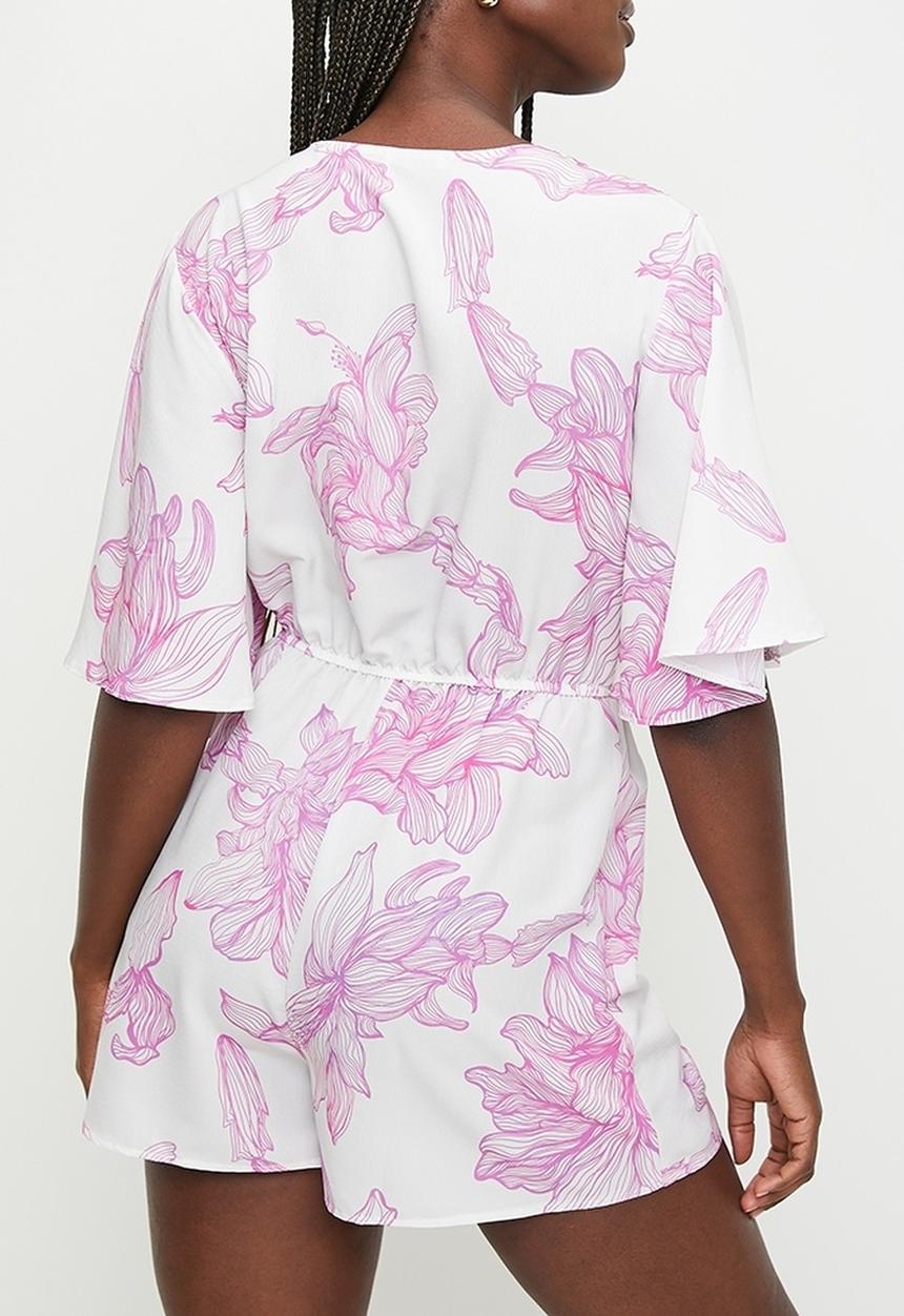 MILLA - Wrap Bodice with Skort Playsuit - Line Drawn Pink Floral