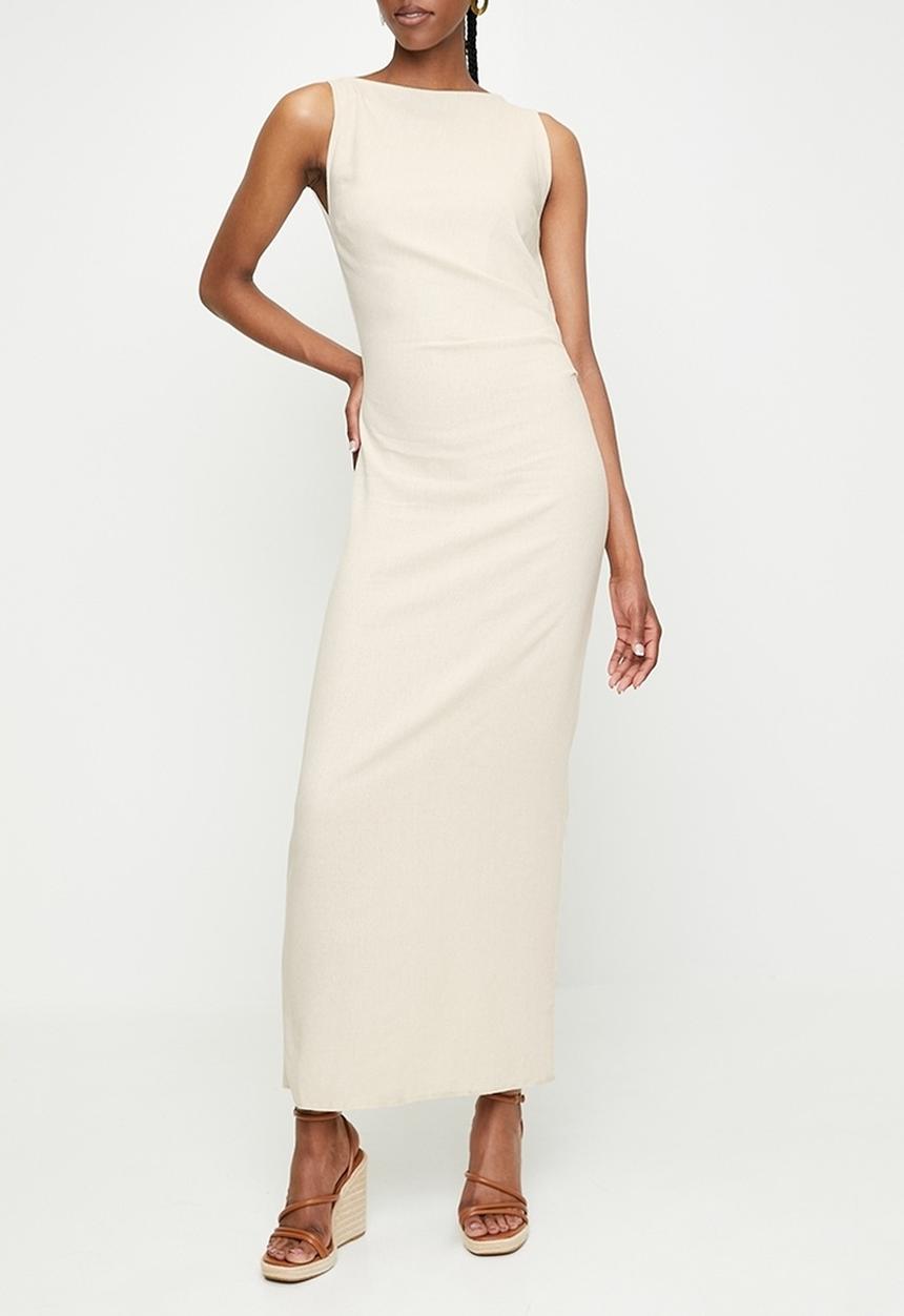 edit - Slash Neck Linen Blend Column Maxi Dress - Neutral