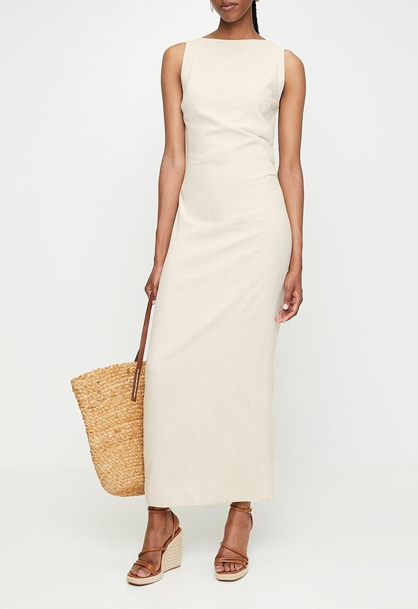 edit - Slash Neck Linen Blend Column Maxi Dress - Neutral