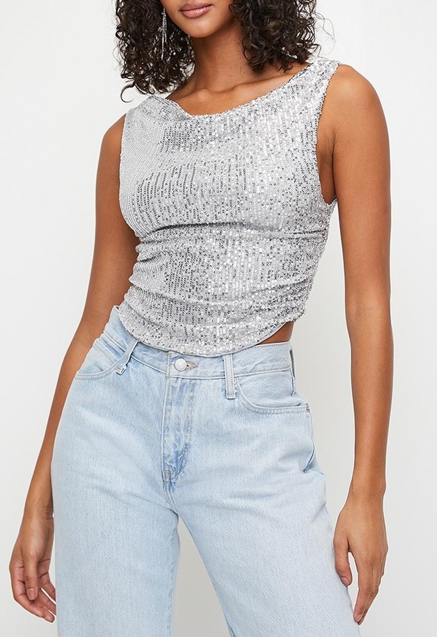 MILLA - Cowl sequins top - silver