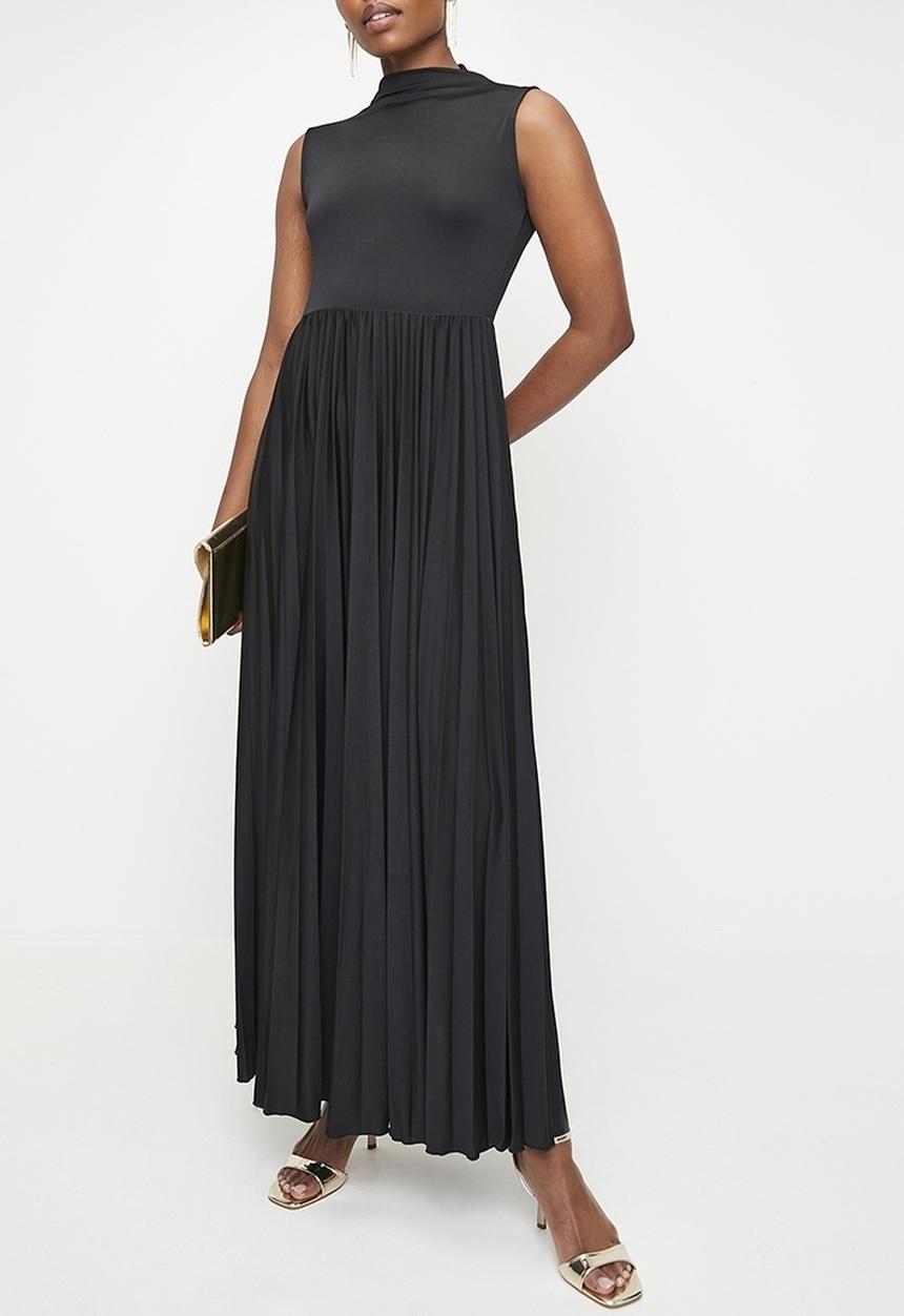edit - Funnel Neck Pleated Knit Dress-Black
