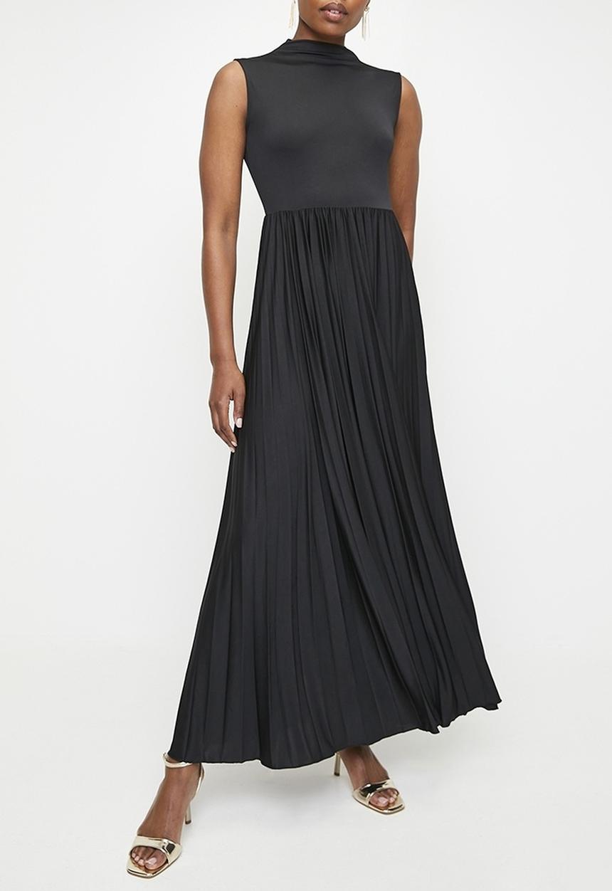 edit - Funnel Neck Pleated Knit Dress-Black