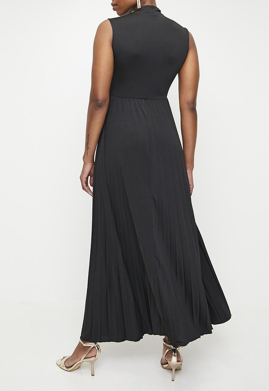 edit - Funnel Neck Pleated Knit Dress-Black