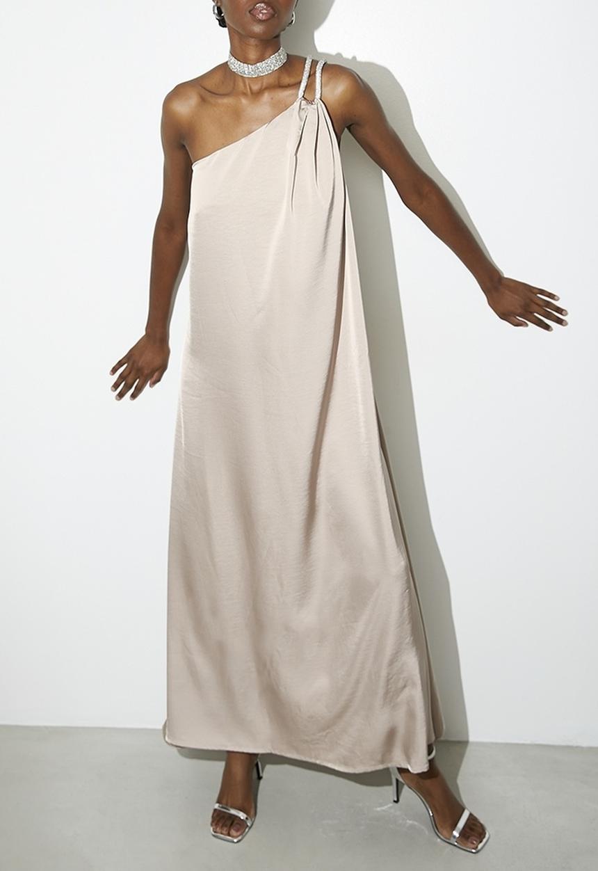 VELVET - Embellished asym satin trapeze dress - Neutral