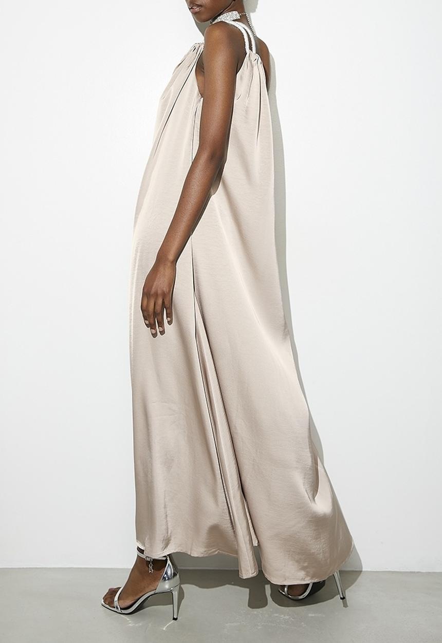 VELVET - Embellished asym satin trapeze dress - Neutral
