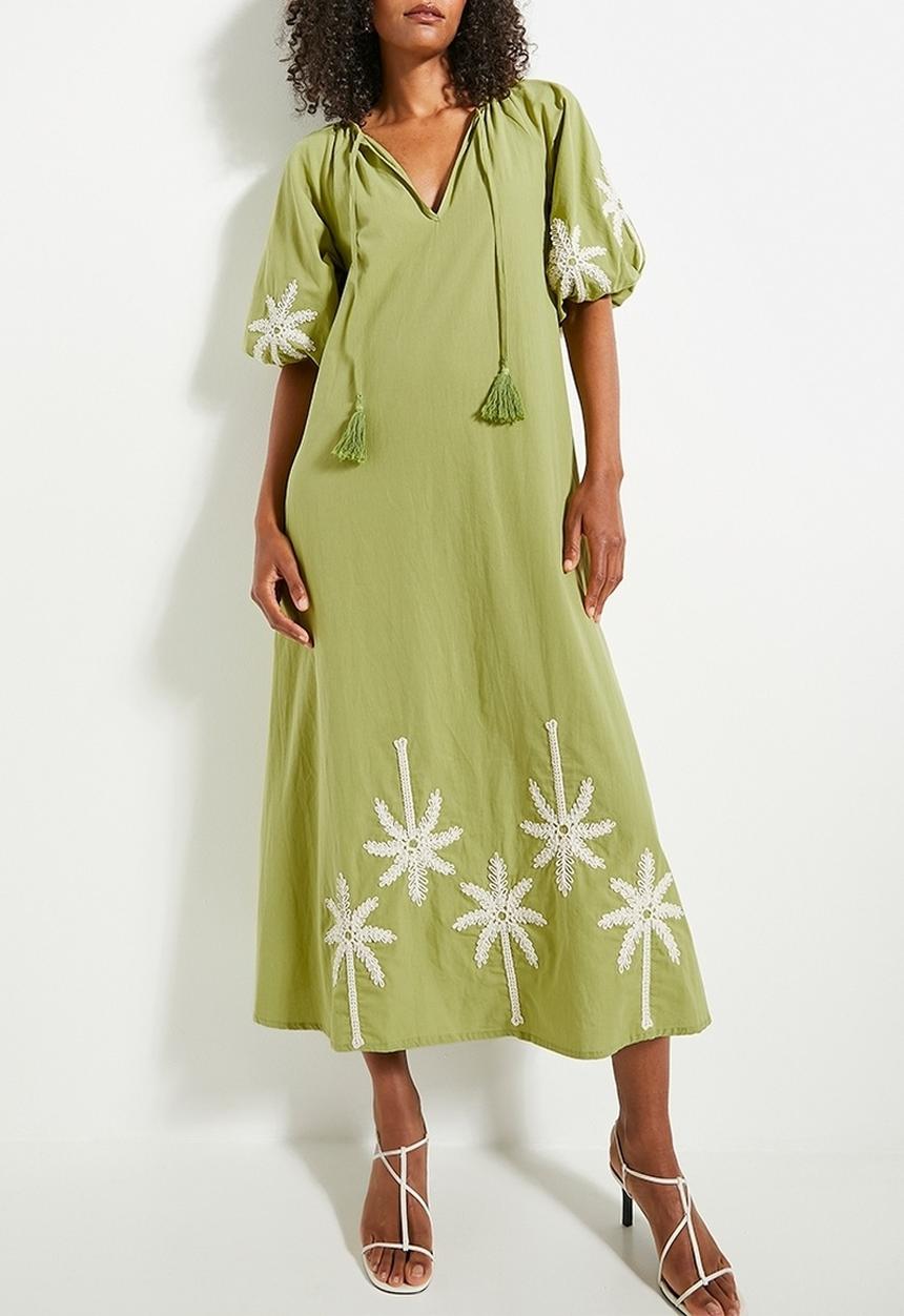 edit - Puff sleeve embroidery dress - green