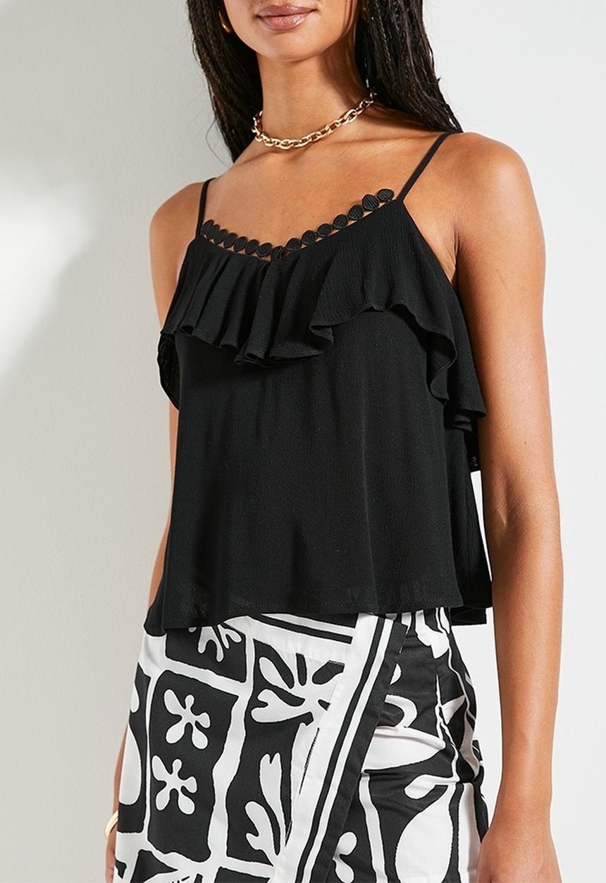 Superbalist - Soft ruffle crinkle cami with trim - black