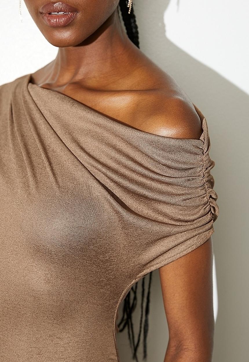 VELVET - Draped Asym Knit Mini Dress - Camel