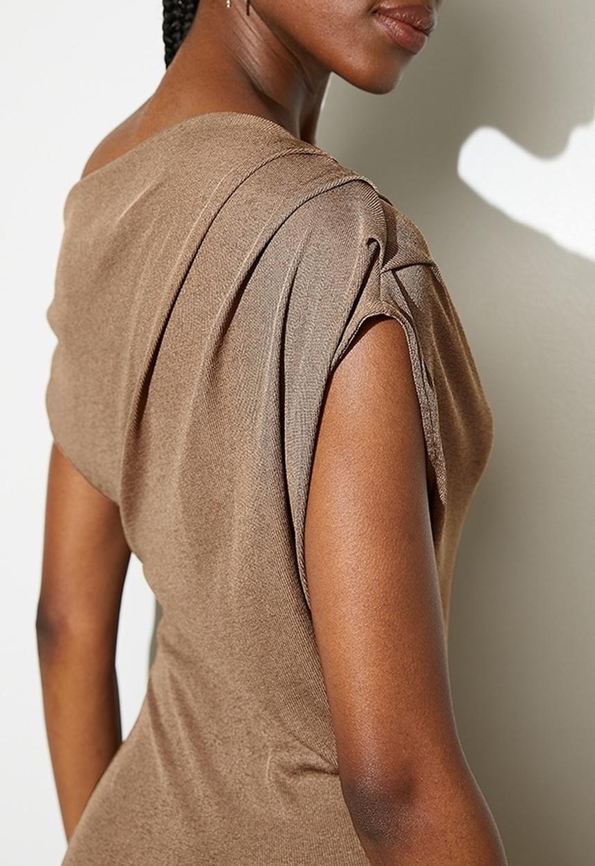 VELVET - Draped Asym Knit Mini Dress - Camel